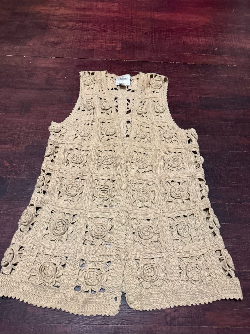 Handknitted Internationale Express Crochet Rose Panel Vest in Beige